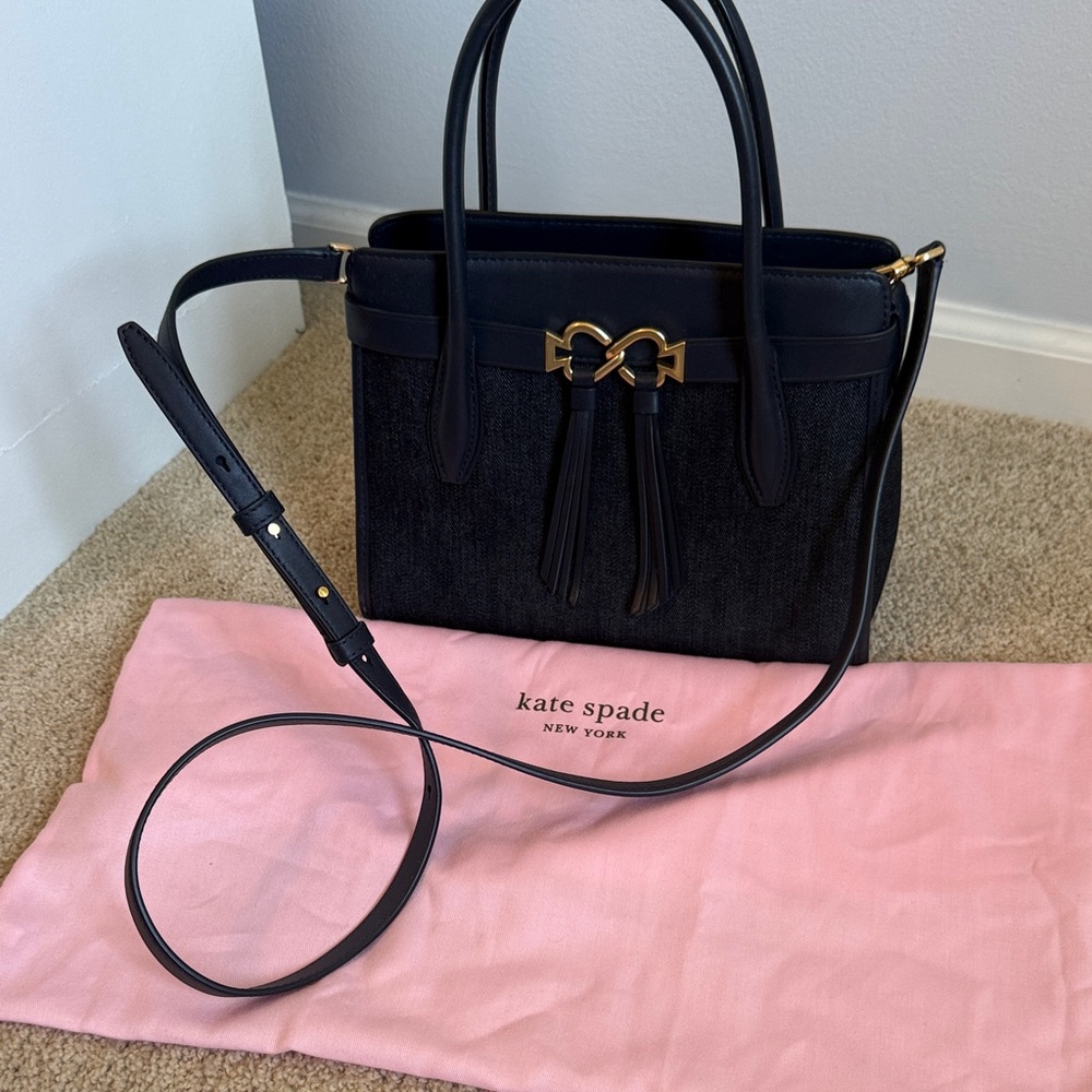 kate spade dark blue denim & Fabric Satchel with Tassel Bow Accent